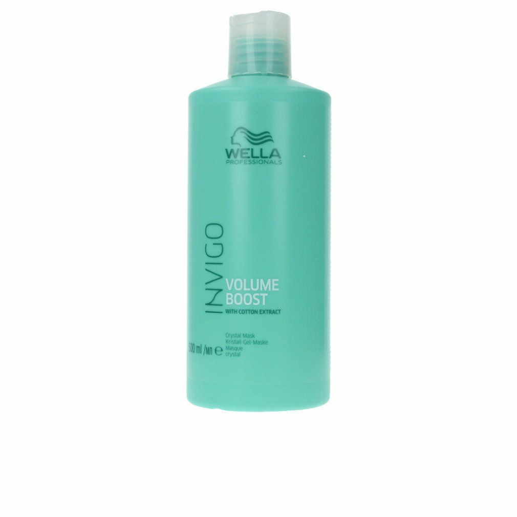 Flacon turquoise avec bouchon blanc. Inscription : Wella Invigo Volume Boost. Avec extrait de coton. 500 ml.