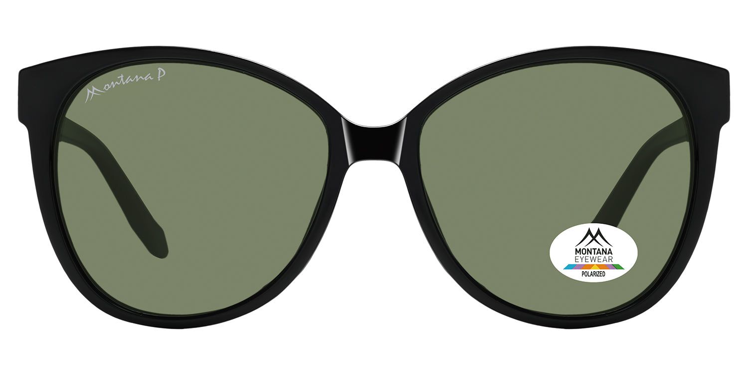 Lunettes de soleil noires avec verres verts. Logo Montana Eyewear et sceau polarisé. Forme œil de chat.