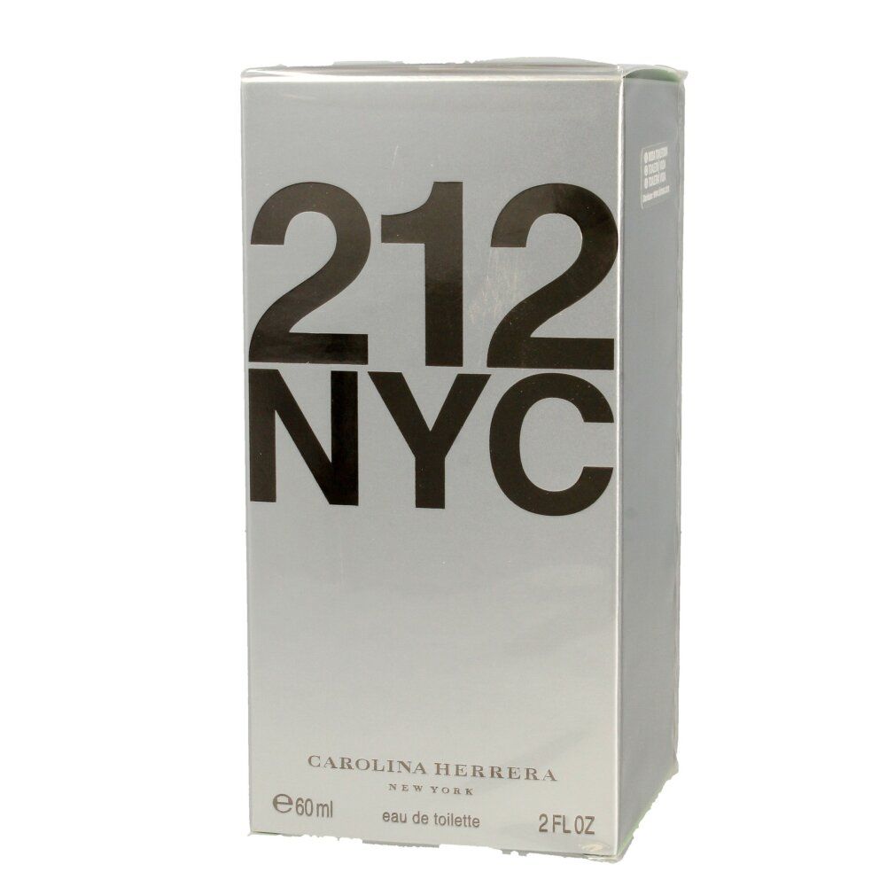 Emballage rectangulaire avec l'inscription "212 NYC". "CAROLINA HERRERA" est écrit en bas.