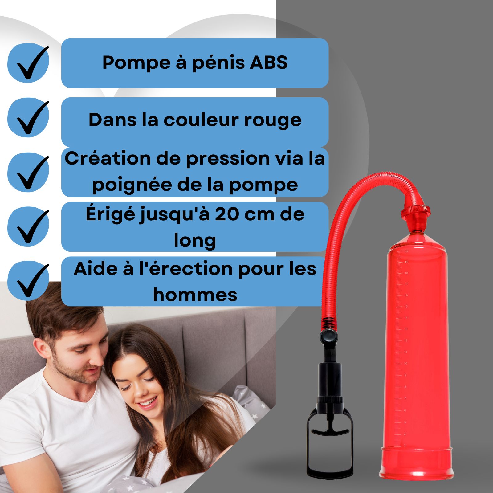 Image produit avec texte. Pompe à pénis rouge avec poignée. Couple au lit.