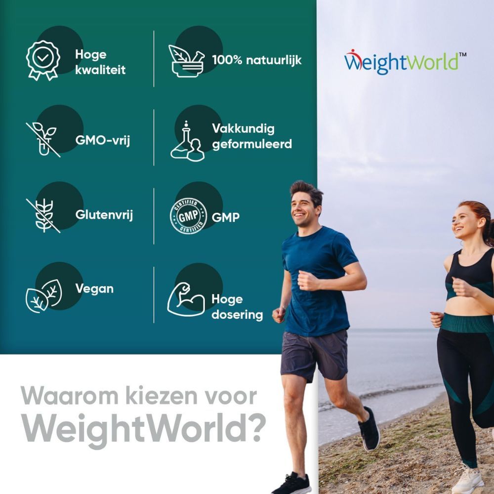 Twee mensen joggen. WeightWorld logo. Hoge kwaliteit, 100% natuurlijk, GMO-vrij, veganistisch, glutenvrij, GMP, hoge dosering.