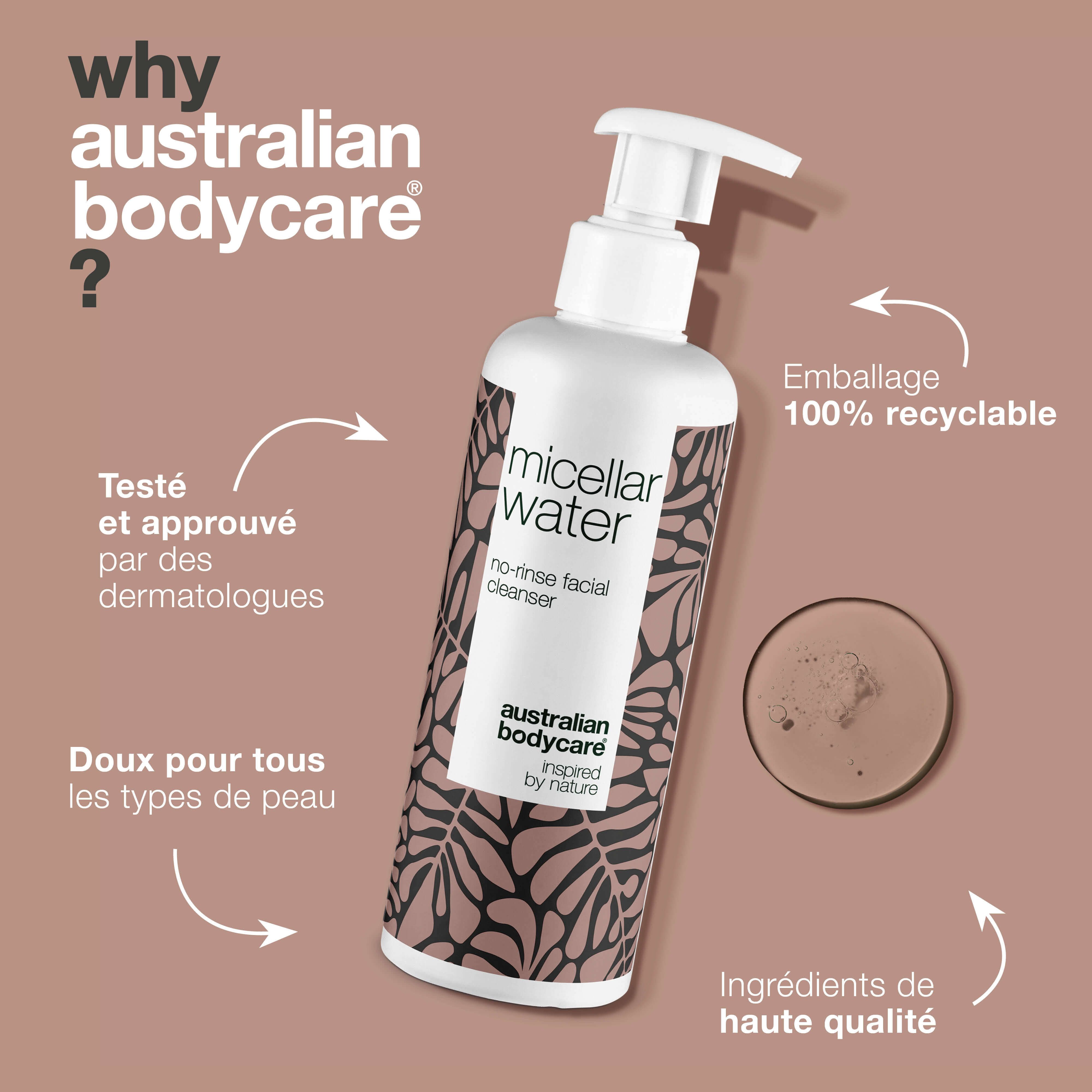 Flacon Micellar Water. Texte : Australian Bodycare. Avantages : testé dermatologiquement, convient à tous les types de peau, emballage 100% recyclable.