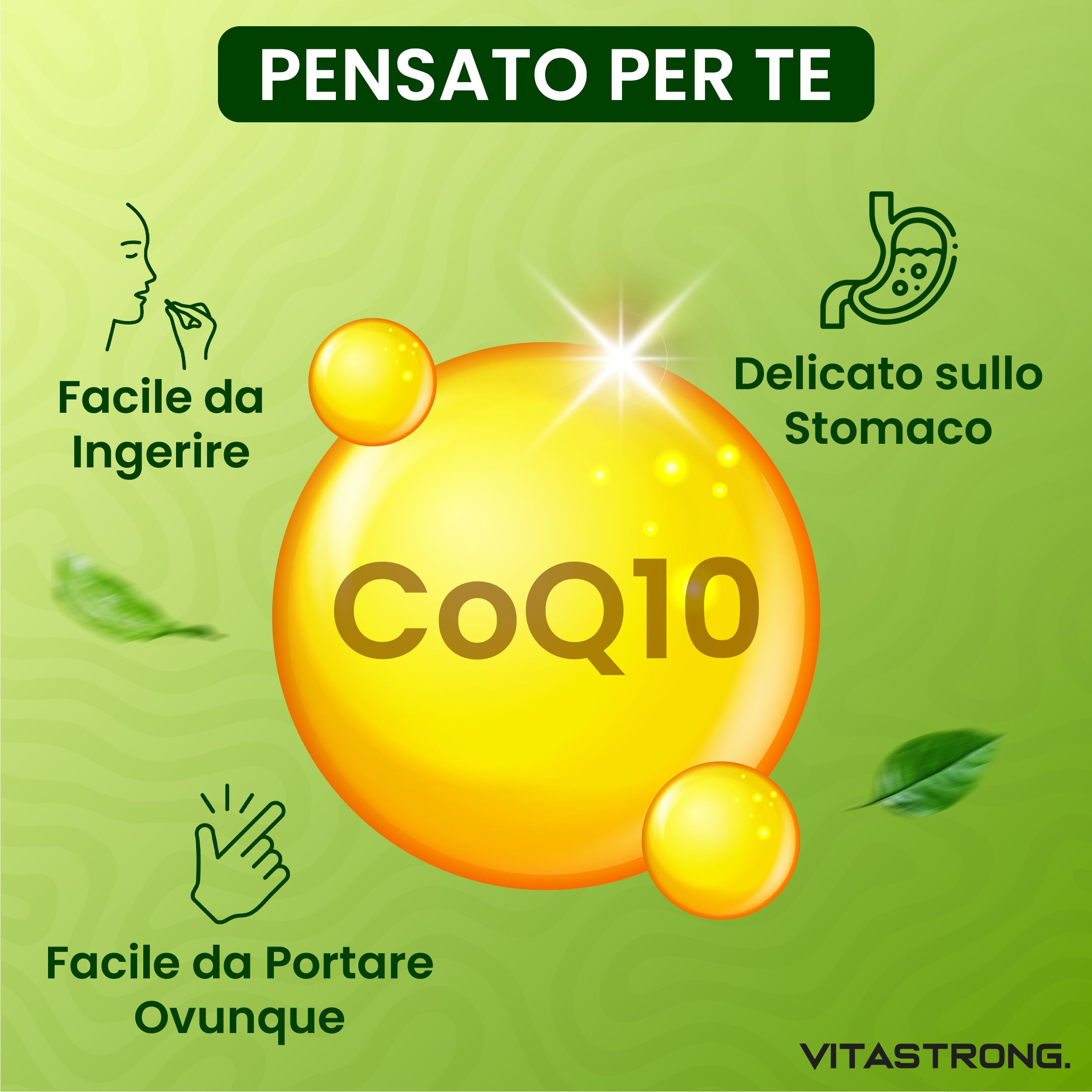 Illustrations de capsules jaunes avec texte. CoQ10, facile à avaler, doux pour l'estomac, facile à emporter.