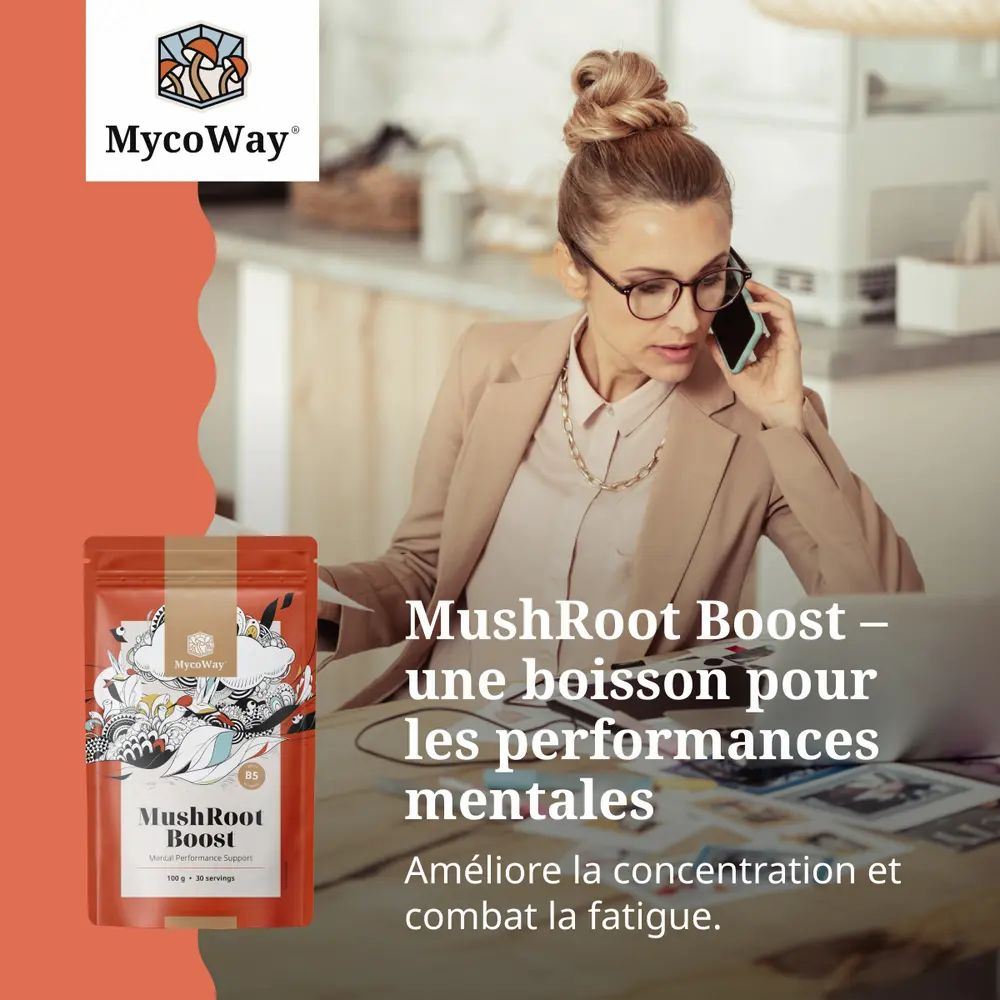 Femme au téléphone, à côté d'elle un sachet MycoWay MushRoot Boost. Texte: Boisson pour performances mentales. Améliorer la concentration.