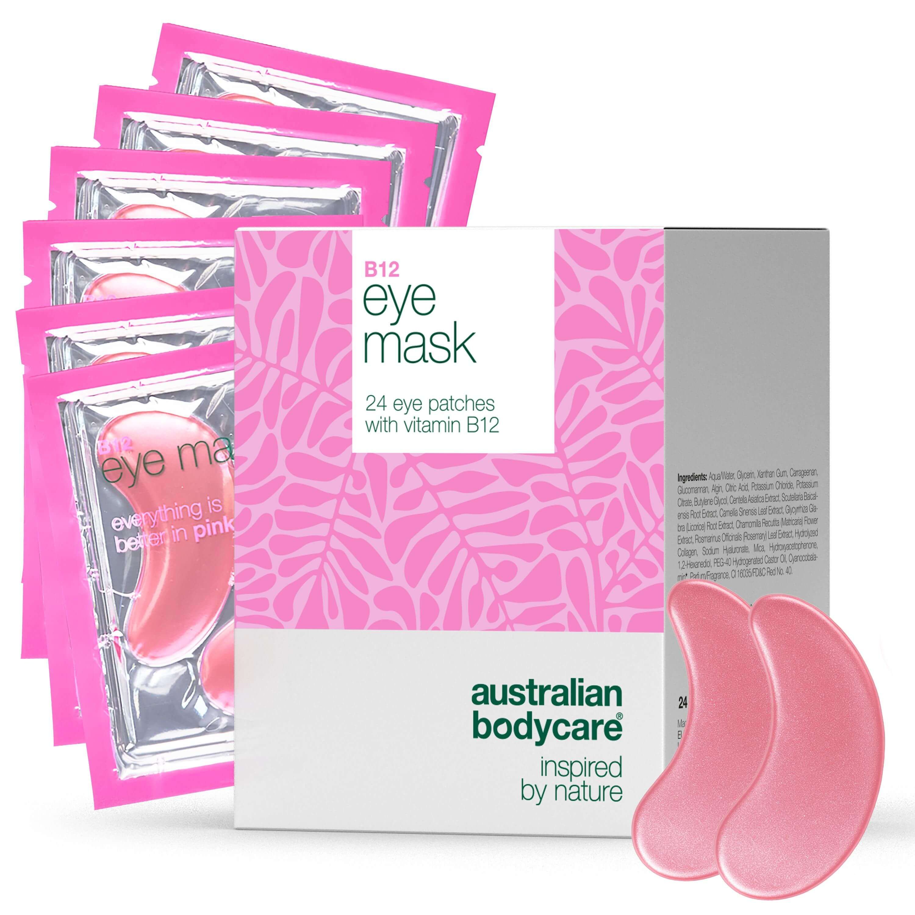 Roze oogmasker verpakkingen en doos. Opschrift: B12 eye mask, 24 eye patches with vitamin B12. Merk: Australian Bodycare.