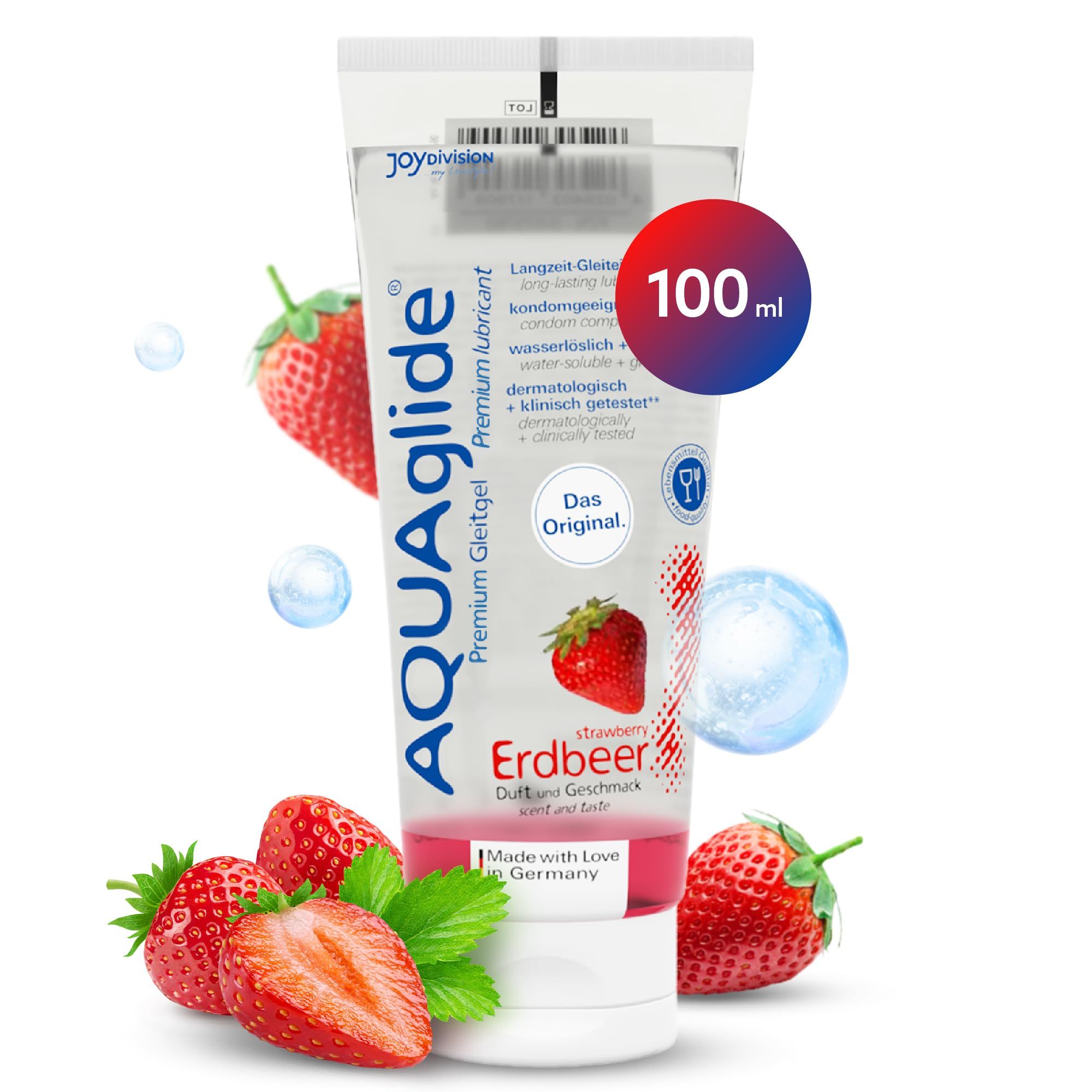 Tube de gel lubrifiant AquaGlade Fraise, 100ml, avec design fraise.