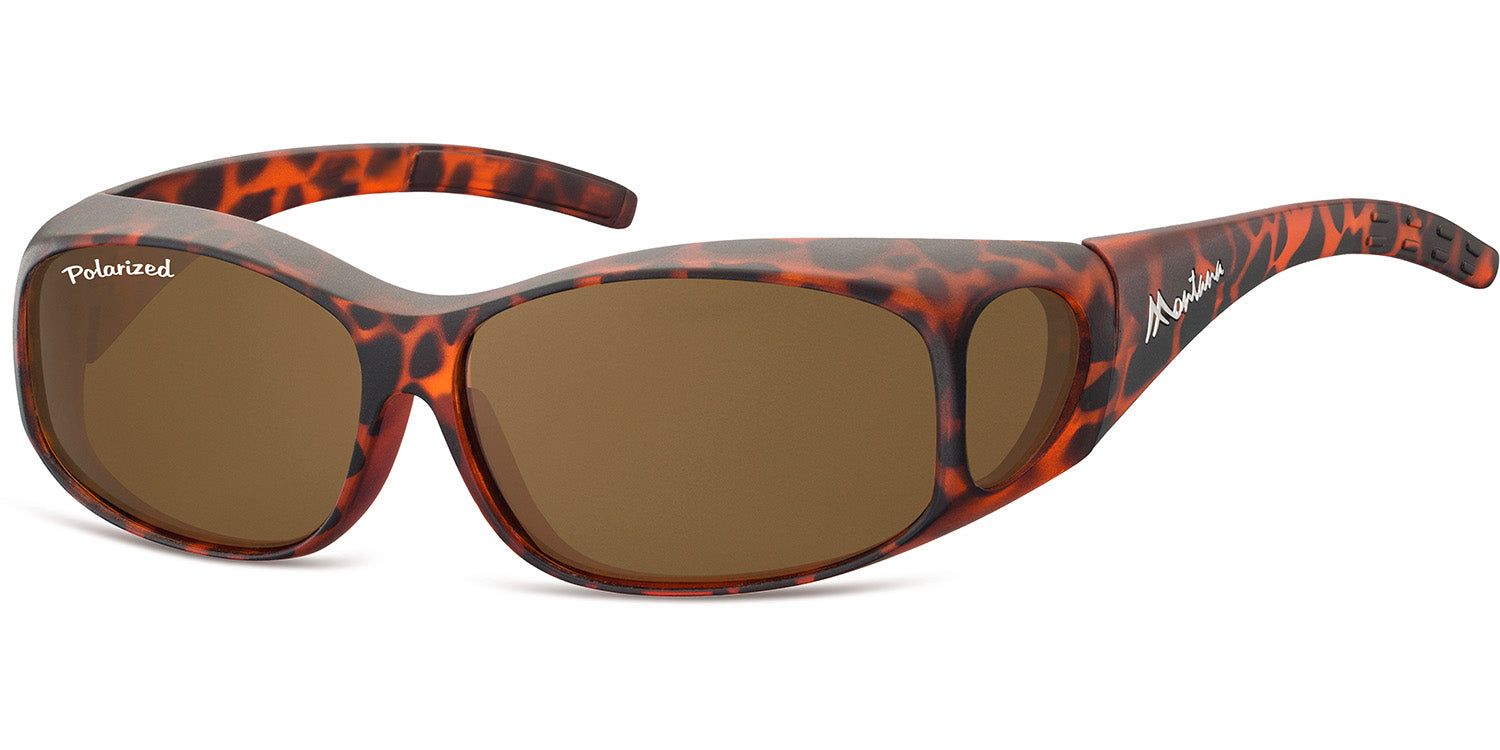 Lunettes de soleil enveloppantes marron. Monture marron à motifs. Inscription "Polarized" et "Montana".