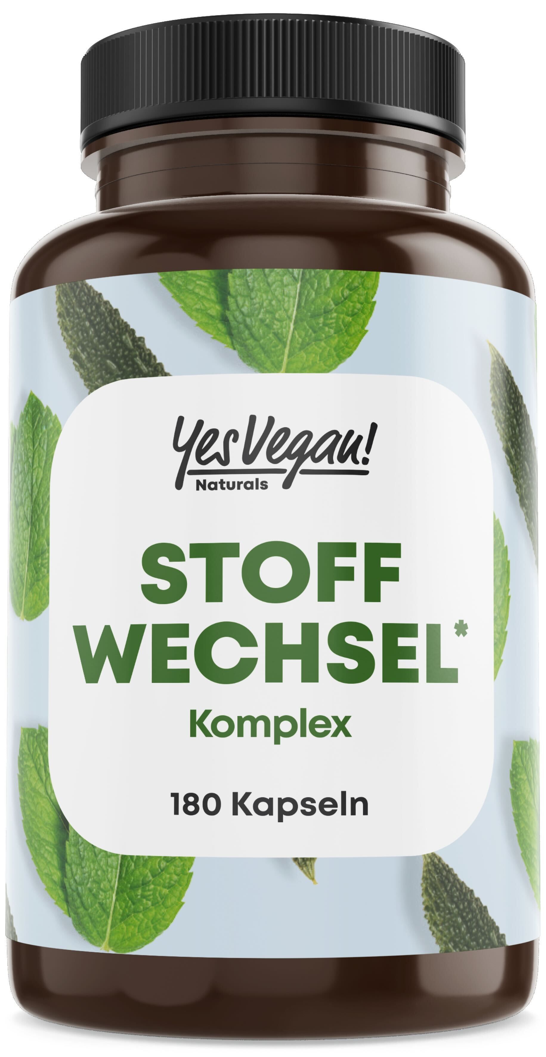 Bouteille foncée de 180 gélules, étiquette avec feuilles vertes et 'Stoffwechsel Komplex'.