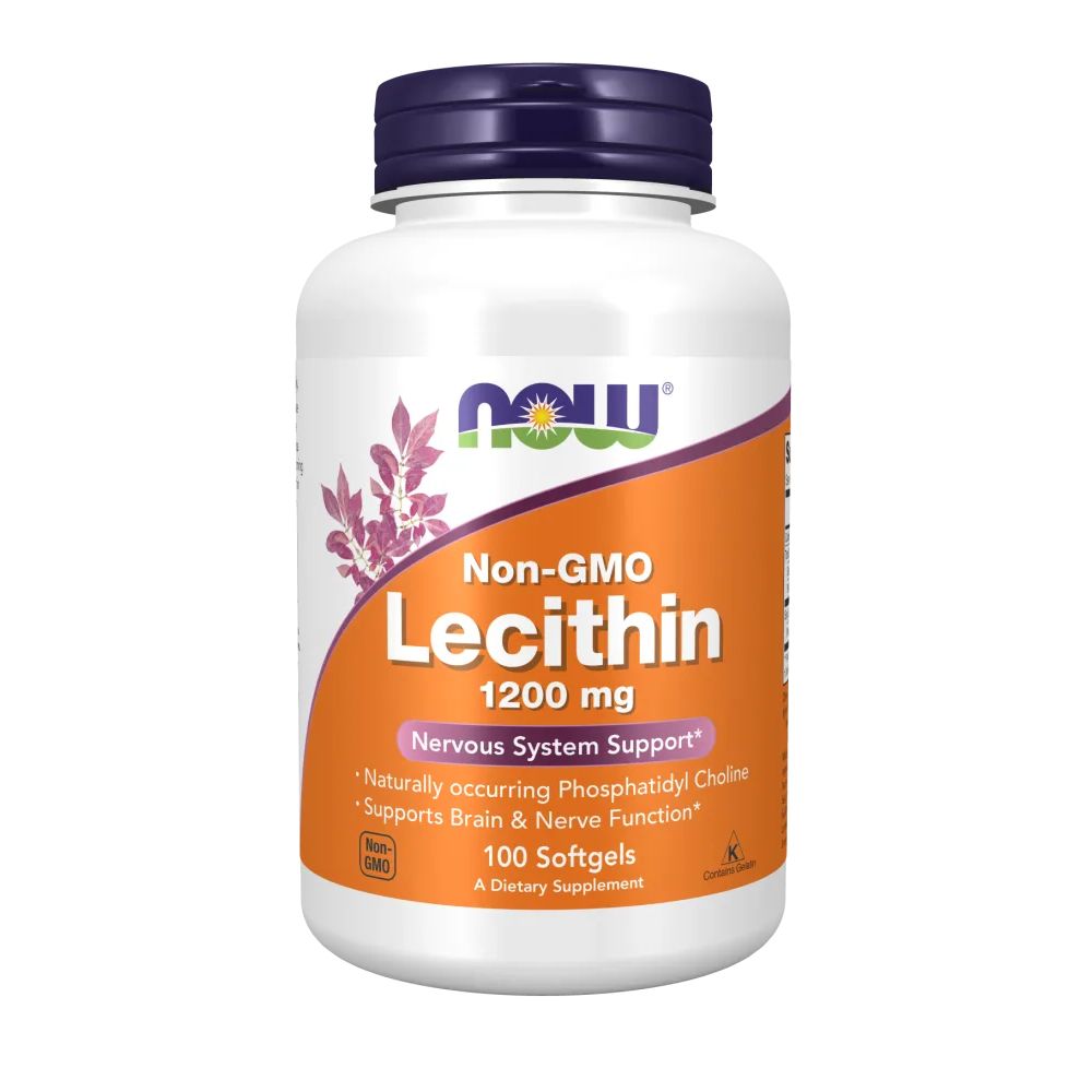 Witte fles met oranje etiket. Bevat 100 softgels. Opschrift: Lecithine 1200 mg, Non-GMO, Nervous System Support.
