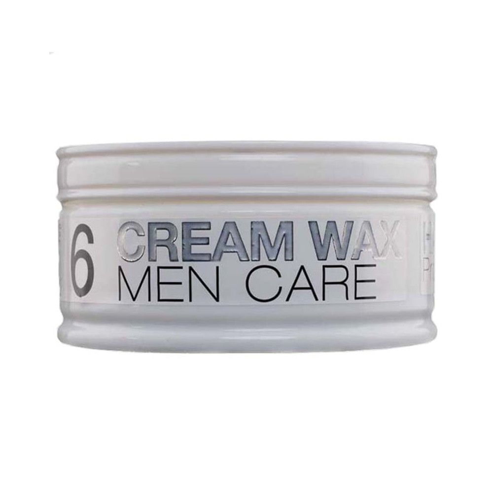 Pot blanc avec "6" et "CREAM WAX MEN CARE" en gris. Vue latérale.