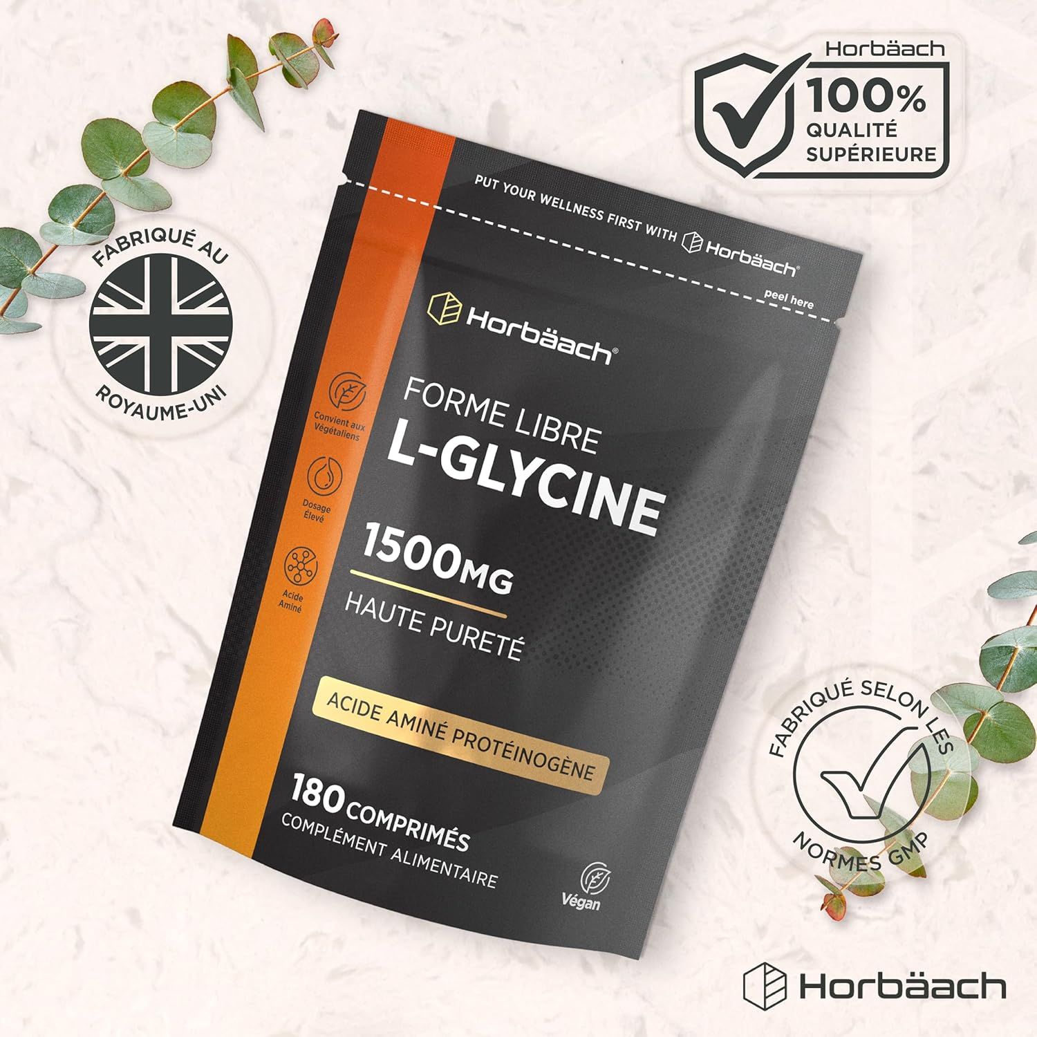 Pochette Horbaach L-Glycine, 1500mg, 180 comprimés, haute pureté, fabriquée au Royaume-Uni, conforme aux normes GMP.