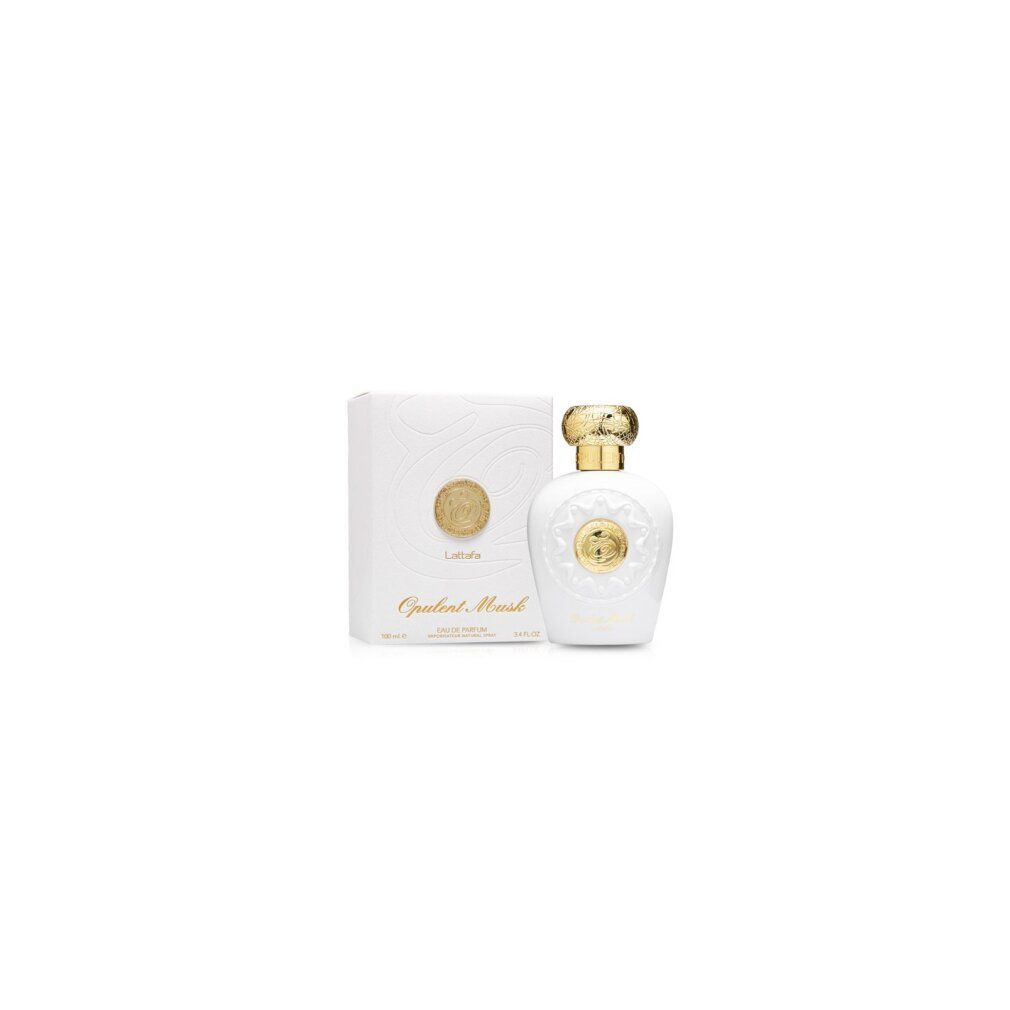 Flacon de parfum et emballage. Flacon blanc avec bouchon doré. Emballage blanc avec logo. Inscription: Opulent Musk, Lattafa.