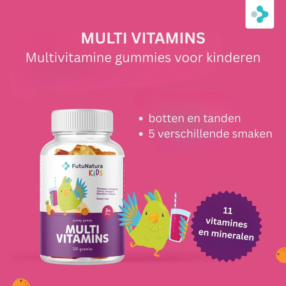 Fles FutuNatura Kids Multi Vitamins. Gummibeertjes in het glas. Tekst: Multi Vitamins, 11 vitaminen en mineralen, 5 smaken.
