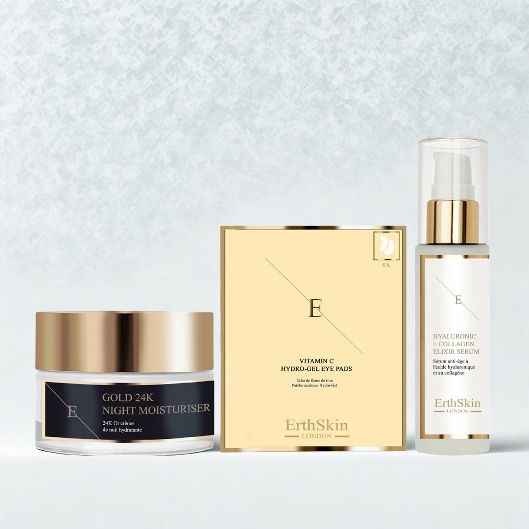Drie producten: nachtcrème, oogpads en serum. Gouden deksels en verpakking. Opschriften: ErthSkin London, Gold 24K Night Moisturiser, Vitamin C Hydro-Gel Eye Pads, Hyaluronic + Collagen.