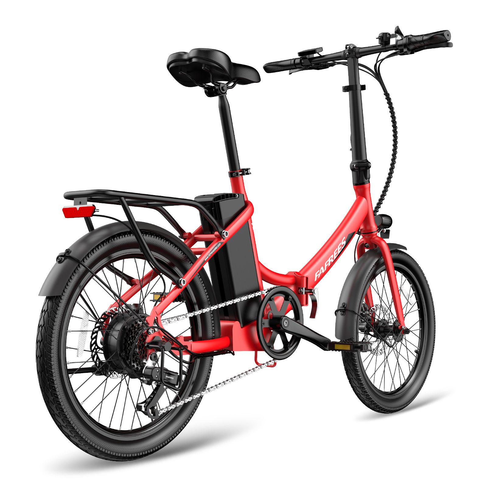 Rode Fafrees F20Light e-bike. Zwarte onderdelen, bagagedrager, spatborden. Achteraanzicht.