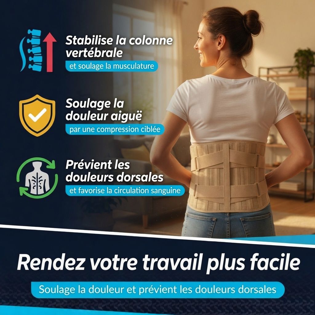 Beige rugband met bandjes, achteraanzicht. Vrouw draagt hem. Tekst: Stabiliseert de wervelkolom.