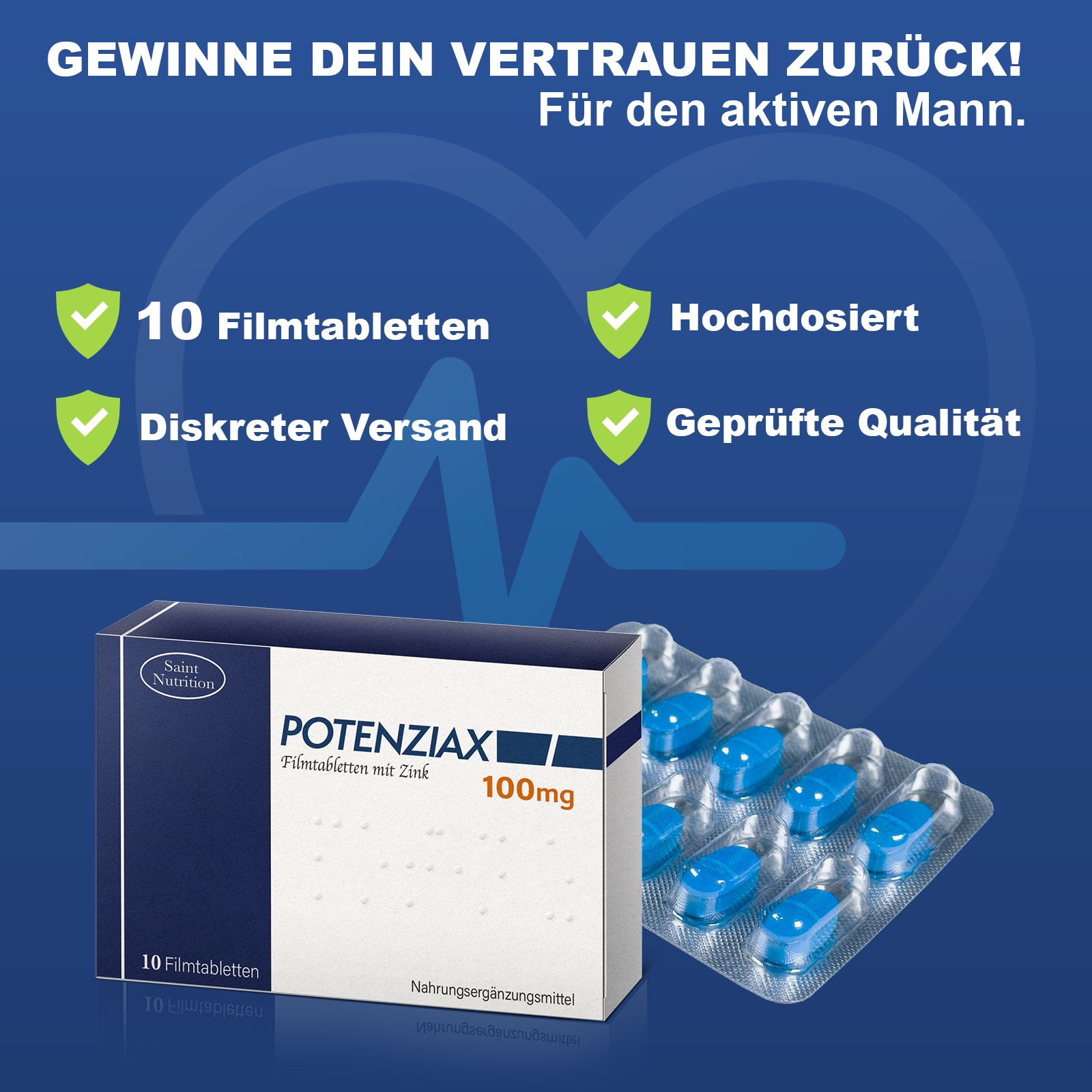 Doos en blisterverpakking met tabletten. Tekst: 10 Filmtabletten, discrete verzending, geteste kwaliteit, hoog gedoseerd. Potenziax® 100mg.