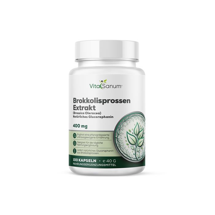 VitaSanum Broccolispruit extract capsules: 100 capsules, 400 mg per capsule. Witte container met groen etiket en bladerenmotief.