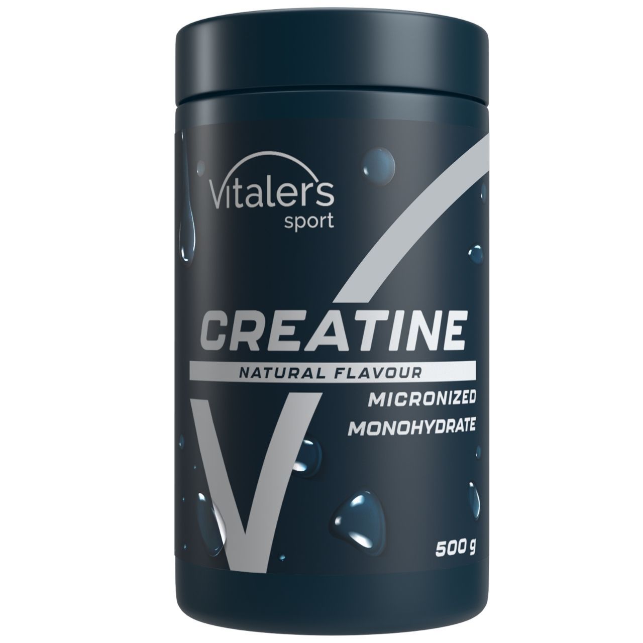 Boîte bleu foncé avec Vitaler's Sport Créatine Monohydrate, saveur naturelle. Contient 500g.