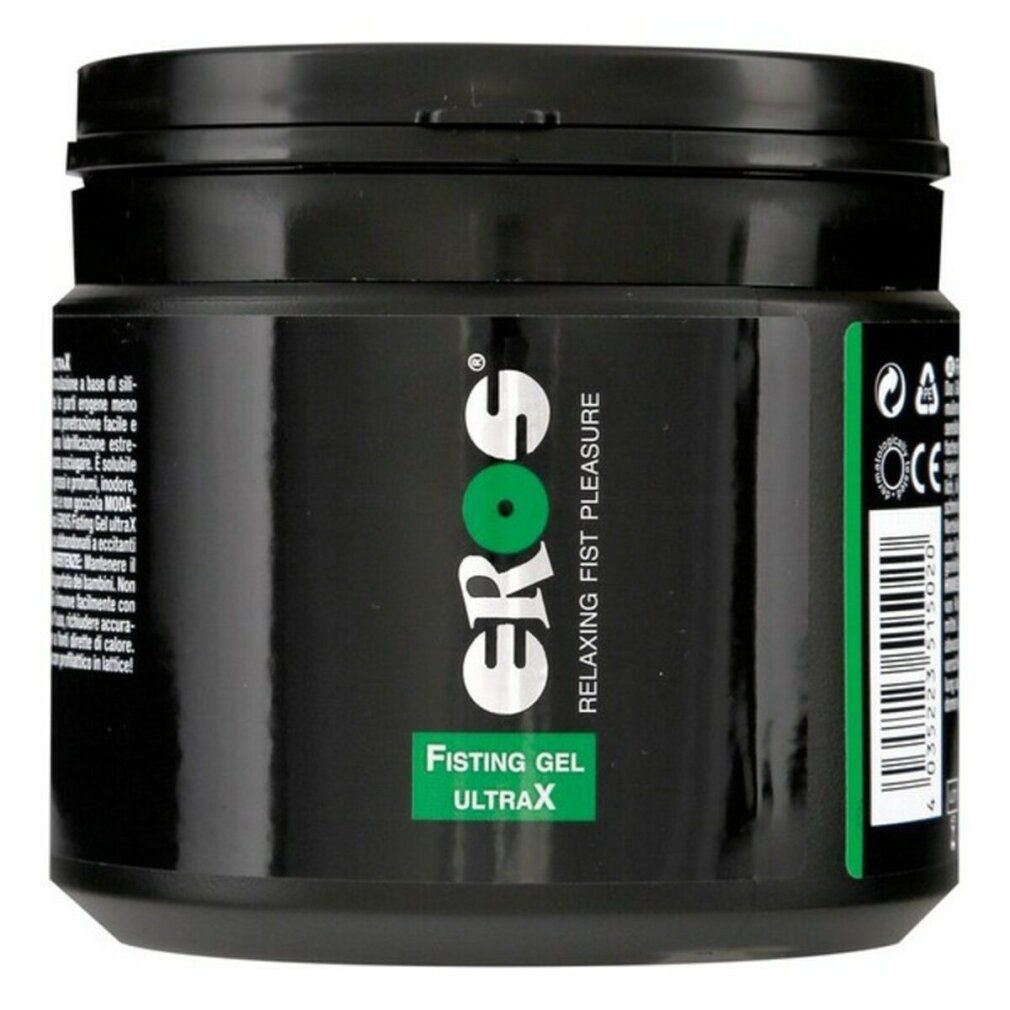Récipient noir avec couvercle. Inscription: EROS, Fisting Gel Ultra X, Relaxing Fist Pleasure. Logo vert.