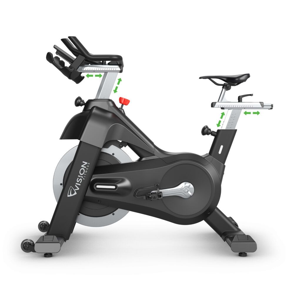 Indoorfiets met pijlen die de verstelbare delen aangeven. Zichtbaar: stuur, zadel en Vision-logo.