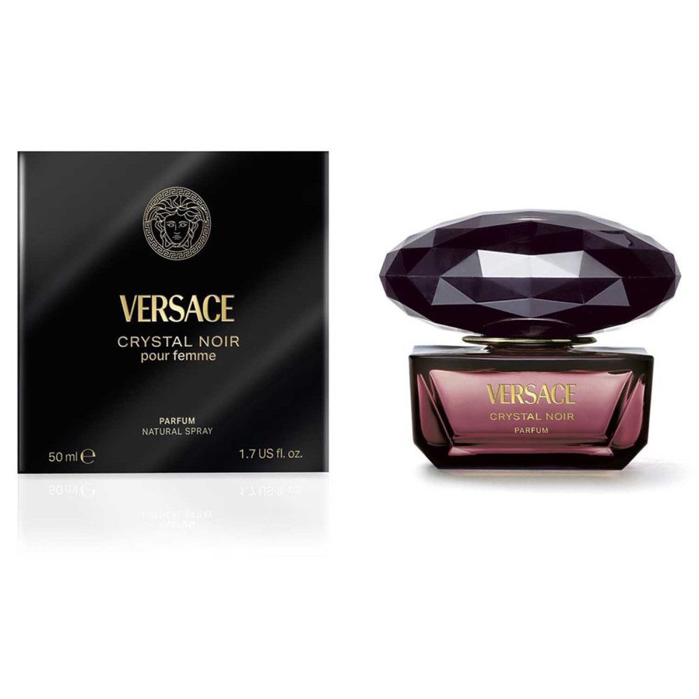 Flacon et boîte noirs. Flacon avec bouchon noir et contenu rose. Inscription: Versace Crystal Noir pour femme.