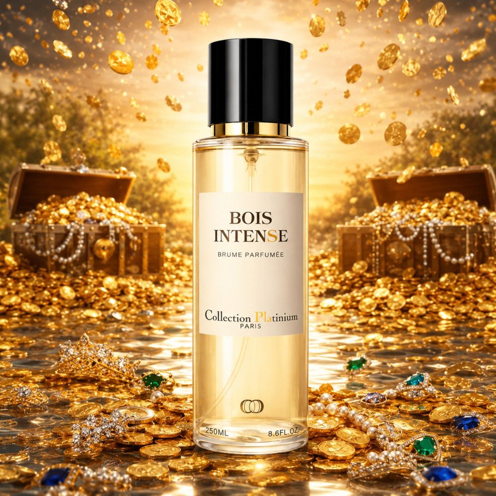 Flacon de parfum avec bouchon noir, rempli de liquide doré. Étiquette indiquant « BOIS INTENSE » et « Collection Platinium PARIS ».
