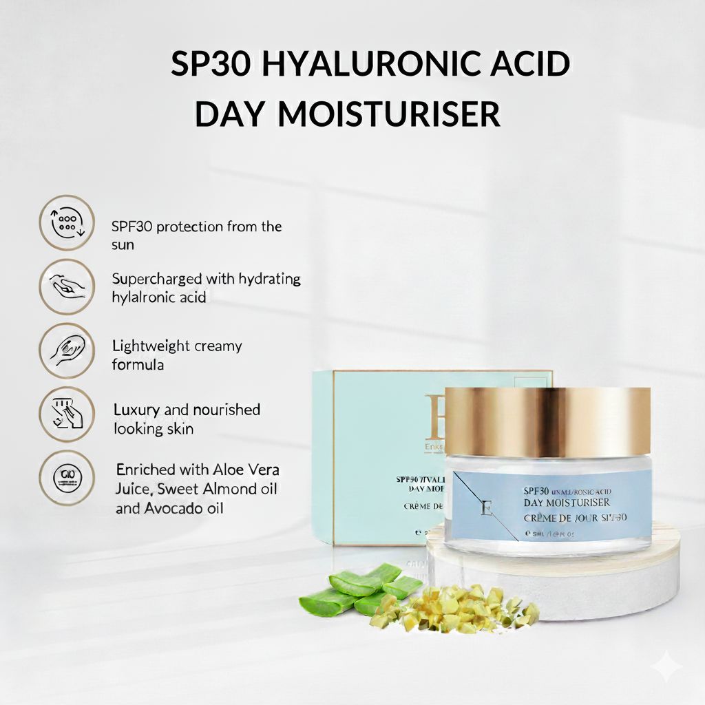 Dagcrème potje met gouden deksel en doos. Opschrift: SPF30 Hyaluronic Acid Day Moisturiser, Crème de Jour SPF30. Aloë Vera.