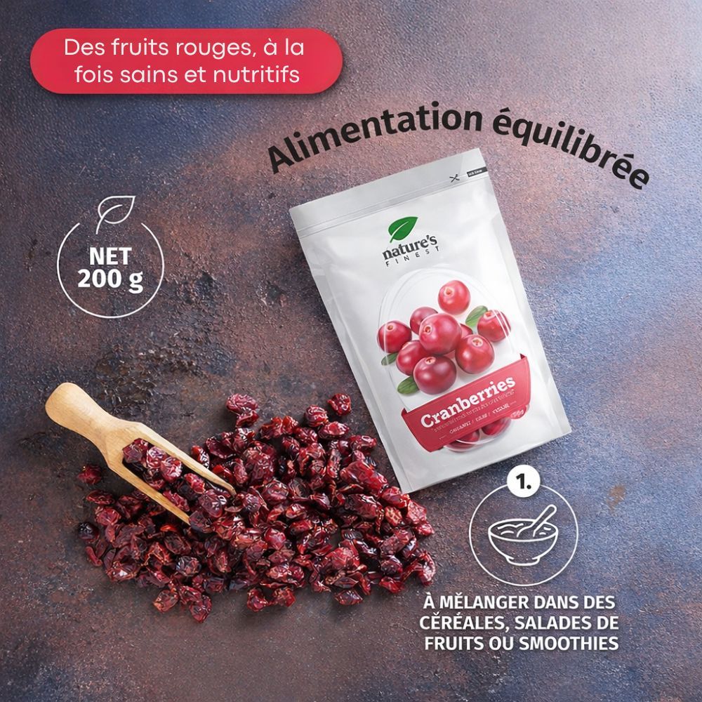 Sachet de cranberries, à côté de cranberries séchées. Texte: 'Alimentation équilibrée'.