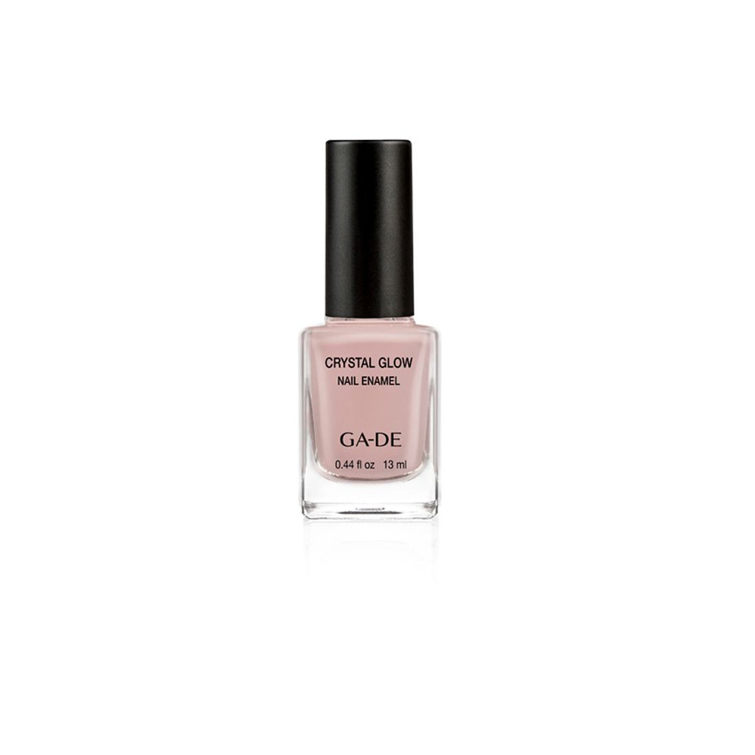 Ga-De Crystal Glow nagellak. Flesje roze nagellak, zwarte dop. Opschriften: Crystal Glow, Nail Enamel, GA-DE, 13 ml.