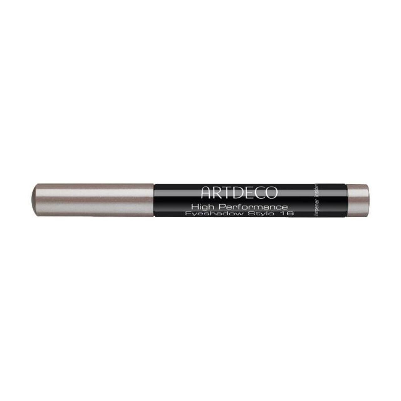 Artdeco High Performance Eyeshadow Stylo. Stylo noir avec extrémités argentées. Nom et marque visibles.