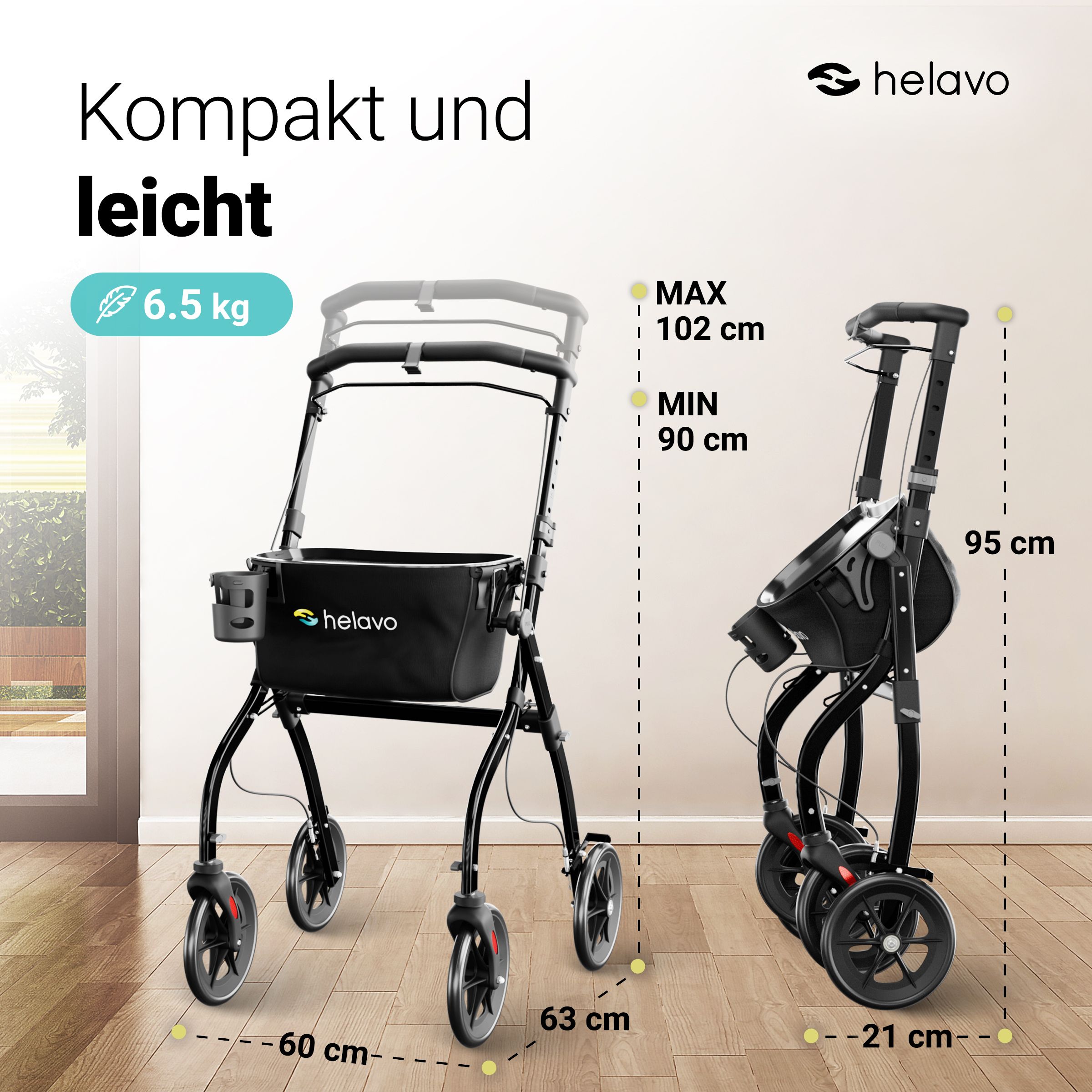 Déambulateur d'intérieur étroit, 60 cm de large, pliable, 6,5 kg, réglable en hauteur 90-102 cm.