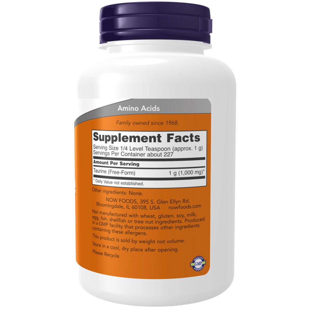 Achterkant van de fles. Opschrift: NOW, Amino Acids, Supplement Facts. Bevat voedingsinformatie en ingrediënten. Oranje achtergrond.