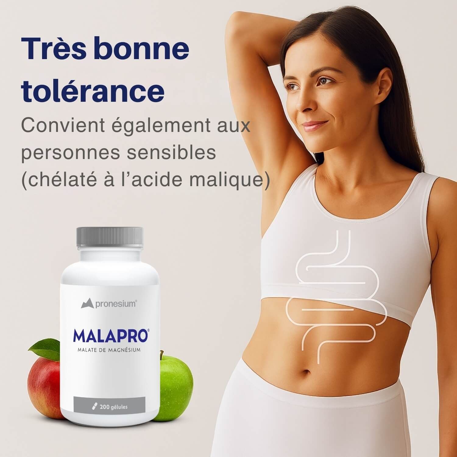 Homme avec des lunettes. Texte : Matière première des États-Unis. Flacon : MALAPRO, 200 gélules. USA.