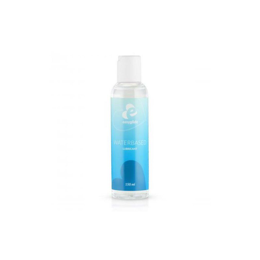 Fles met blauw-wit etiket. Opschrift: WATERBASED LUBRICANT, 250ml. Logo: easyglide. Transparante vloeistof.