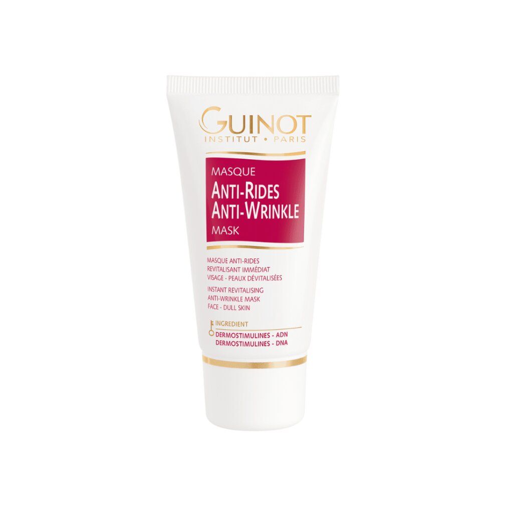 Tube blanc avec étiquette rouge. Guinot Masque Anti-Rides. Texte: Anti-Wrinkle Mask. Nom du produit et marque.