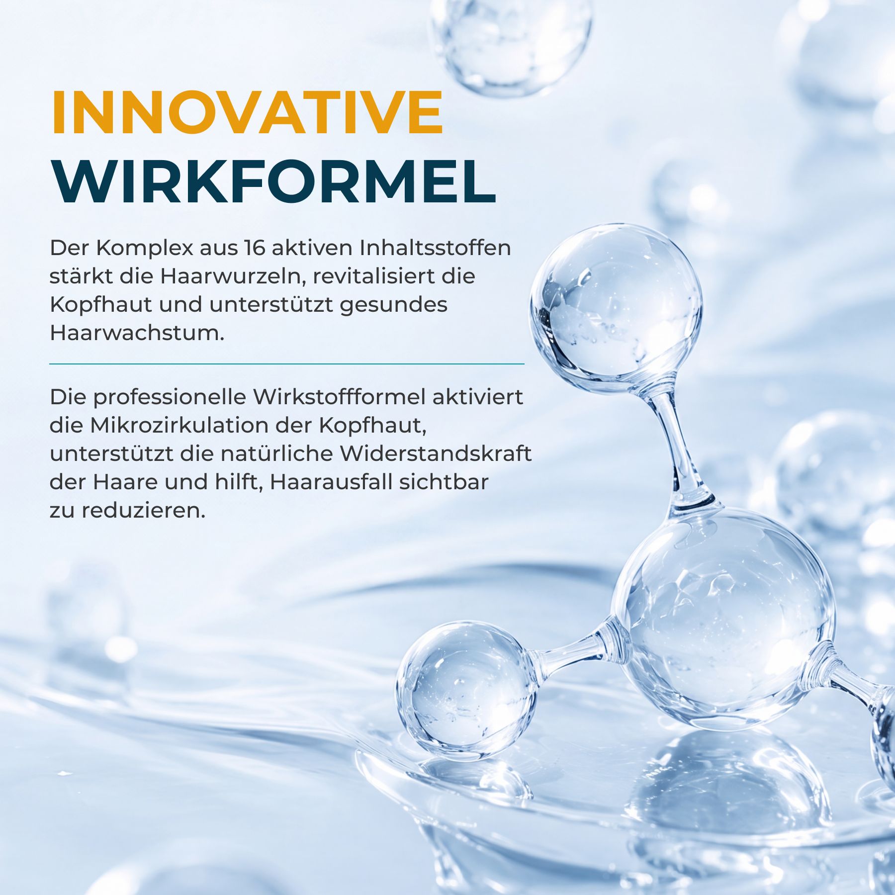 Représentation abstraite d'une structure moléculaire avec des gouttes d'eau. Texte : Formule active innovante.