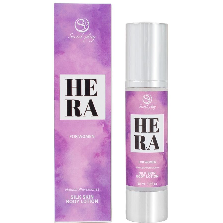 Lotion Hera avec emballage. Flacon et emballage avec inscription : "Hera", "For women", "Silk Skin Body Lotion".