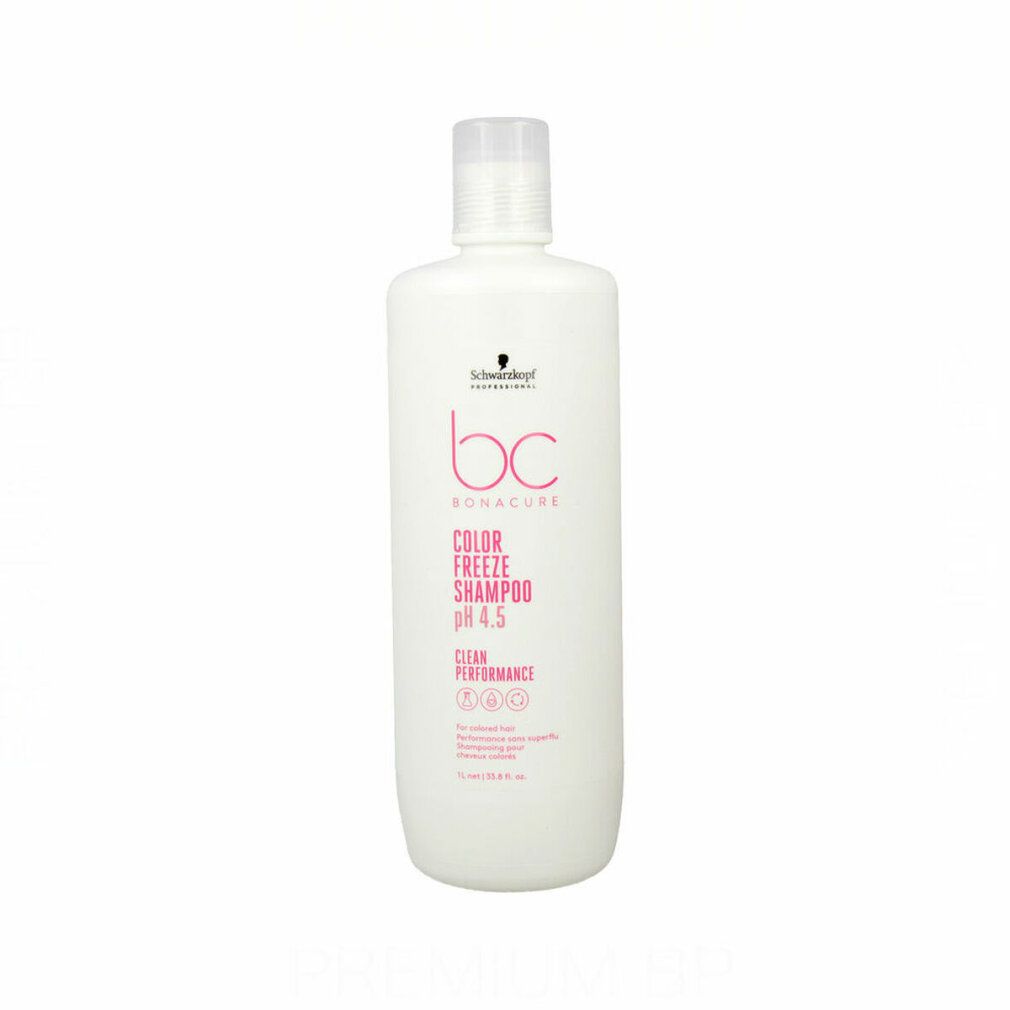 Flacon blanc avec étiquette rose. Inscription: BC Bonacure Color Freeze Shampoo pH 4.5. 1L.