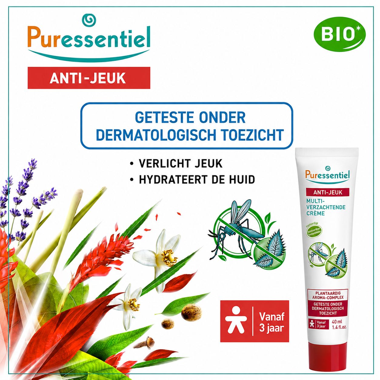 Tube Puressentiel Anti-Jeuk crème met kruiden en BIO-keurmerk. Dermatologisch getest.