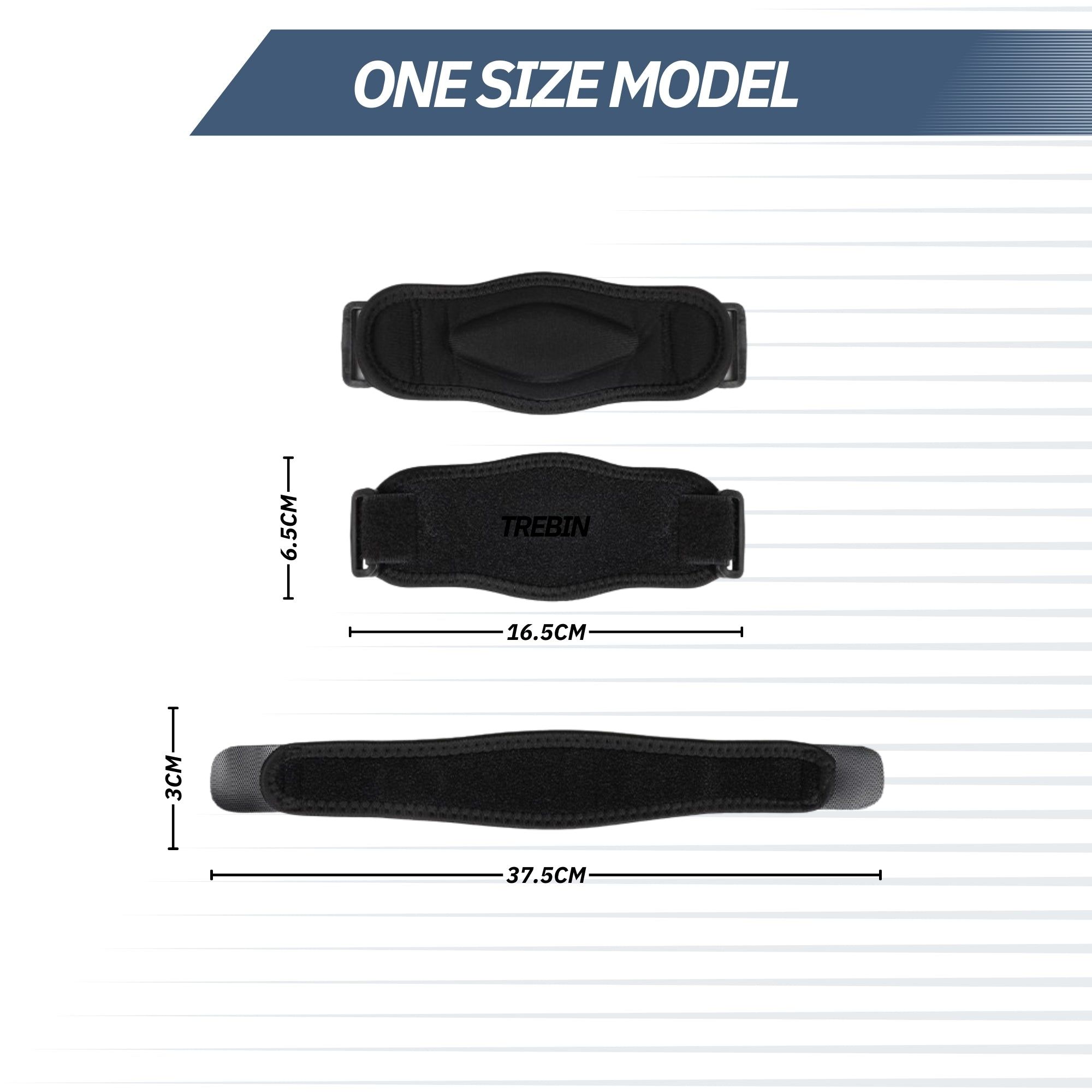 Trois brassards noirs avec fermeture velcro, dimensions indiquées : 6.5cm, 16.5cm et 37.5cm de long.