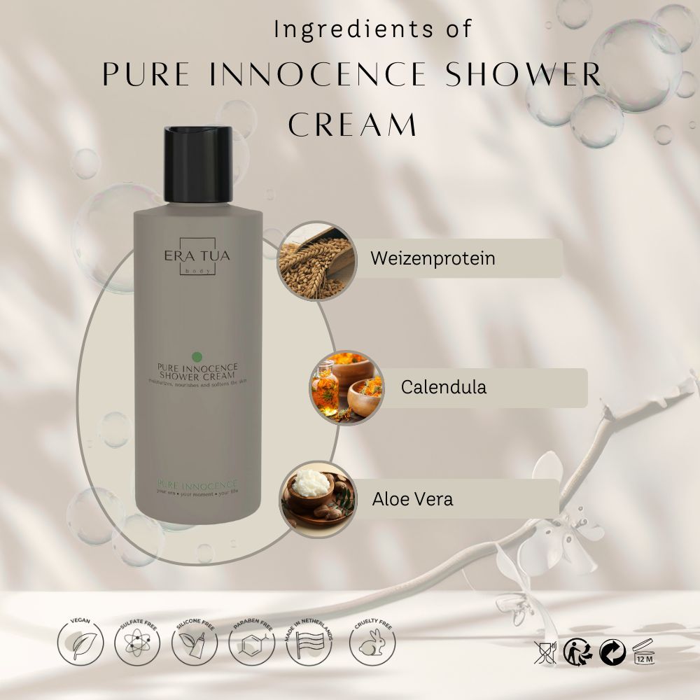 Grijze fles met zwarte dop, gelabeld 'Pure Innocence Shower Cream'. Ingrediënten: tarweproteïne, calendula, aloë vera.
