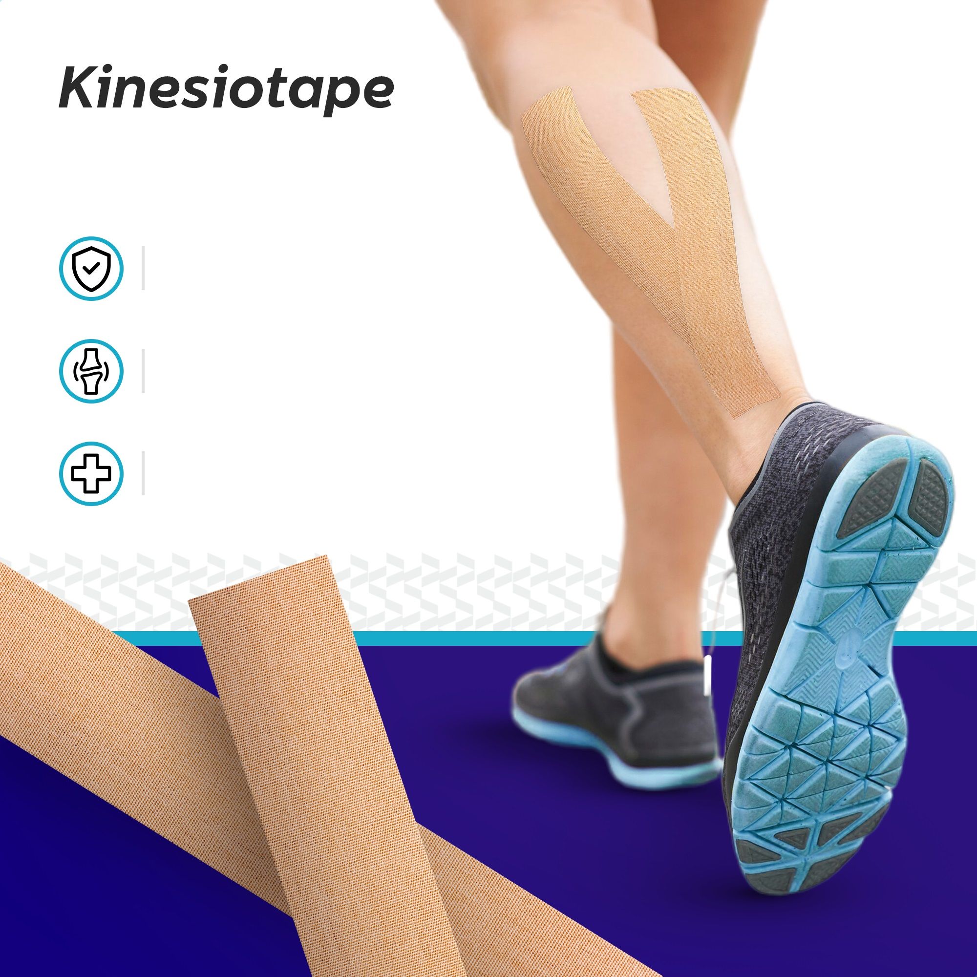 Beige kinesiotape-strips op het been van een persoon die rent. Tekst: Kinesiotape. Symbolen: bescherming, gewricht, plus.