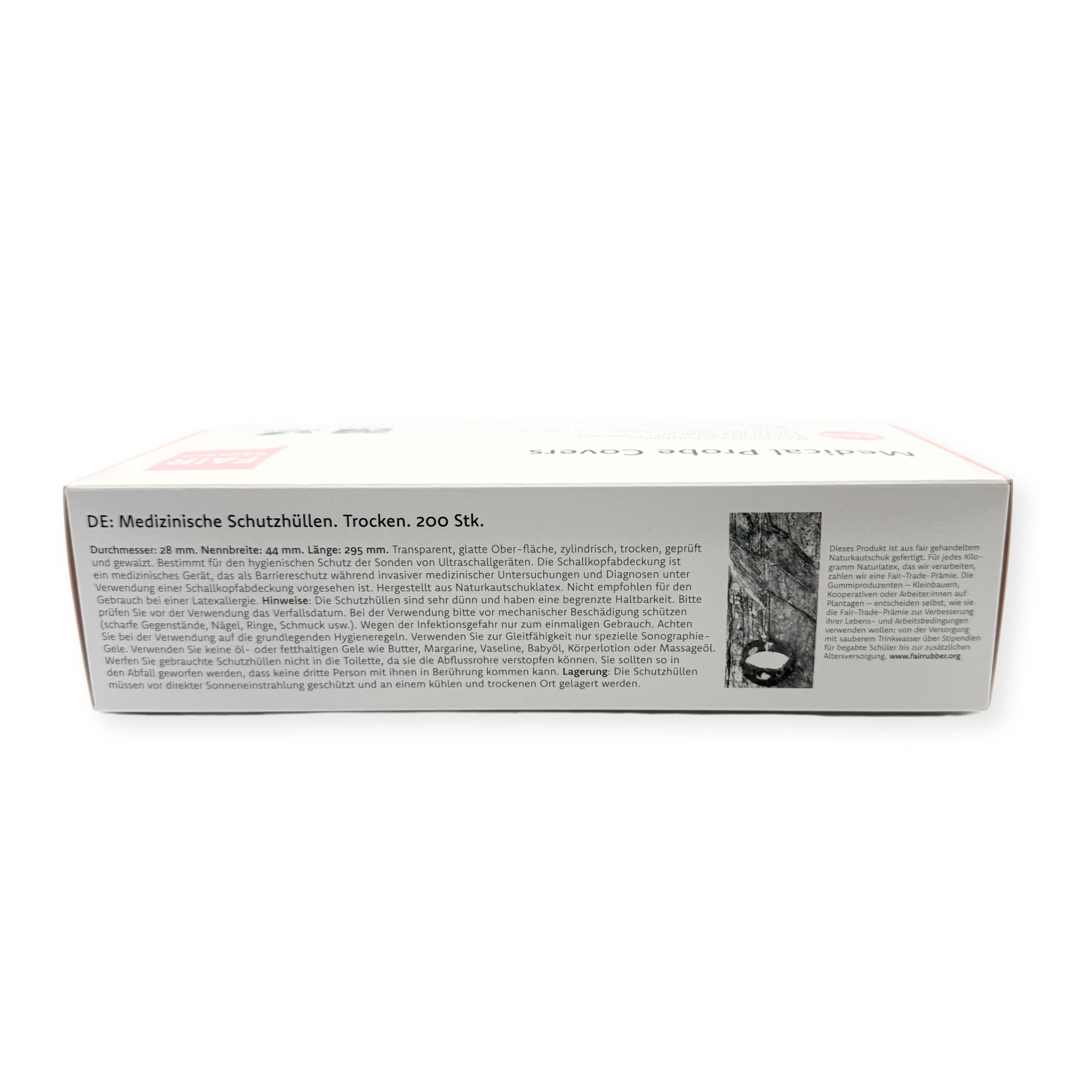 Boîte "Medical Probe Covers". Texte: Protection médicale. 200 pièces. Informations sur l'emballage.
