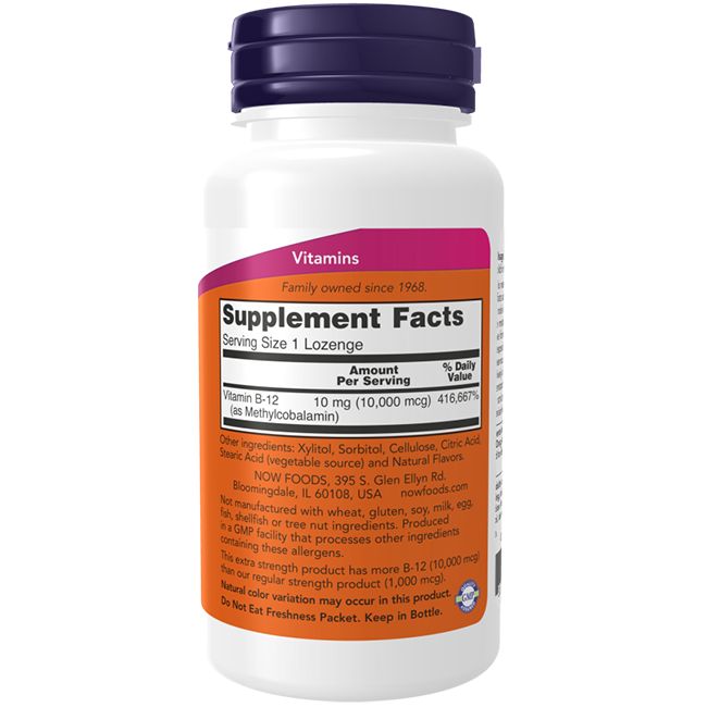 Flacon blanc avec bouchon violet. Étiquette avec zones orange et rose. Texte : Supplement Facts, Vitamine B-12, 10 mg.