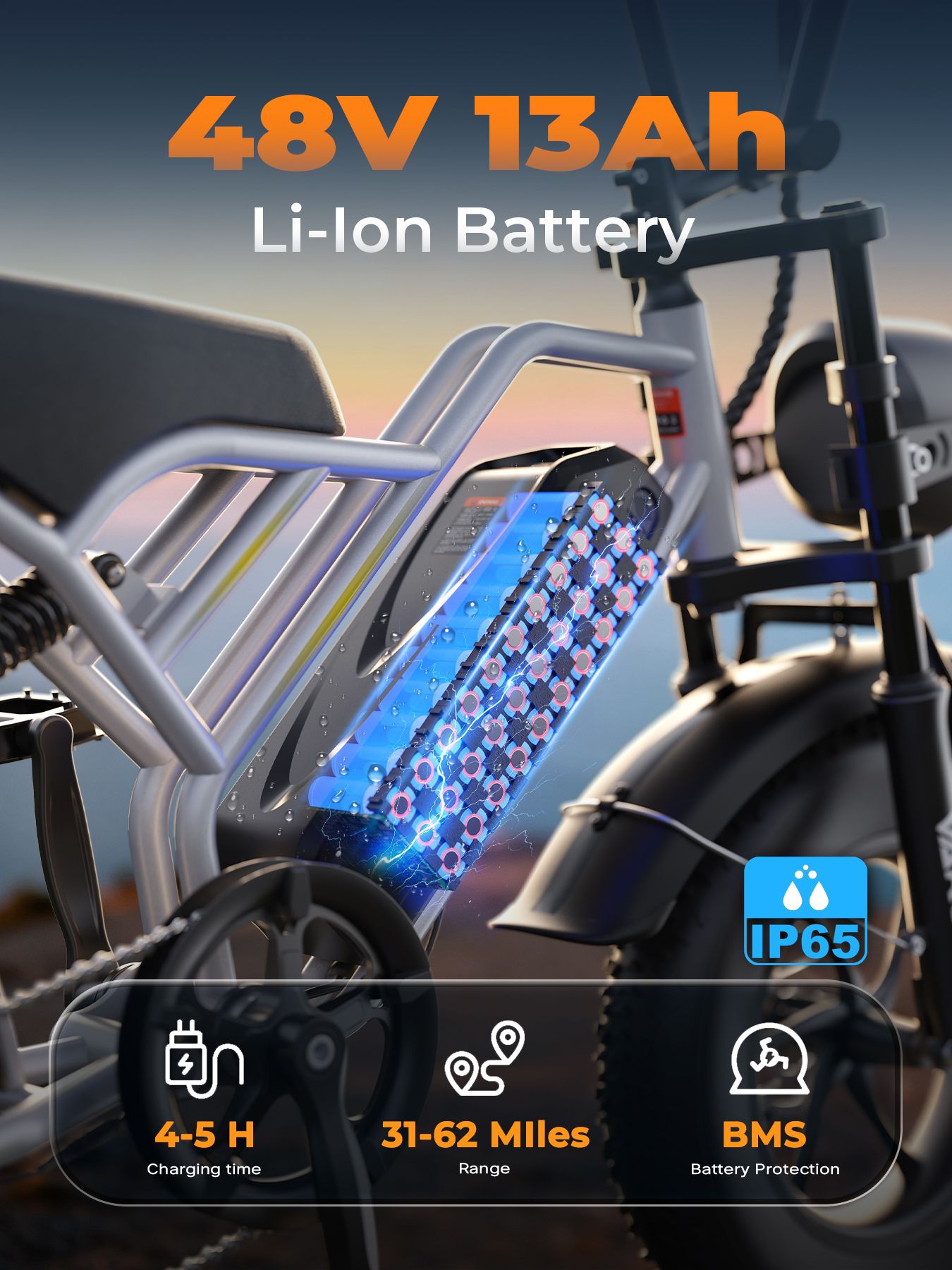 Detail van de batterij. Tekst: 48V 13Ah Li-ion Battery, 4-5 H Charging Time, 31-62 Miles Range, BMS Battery Protection, IP65.