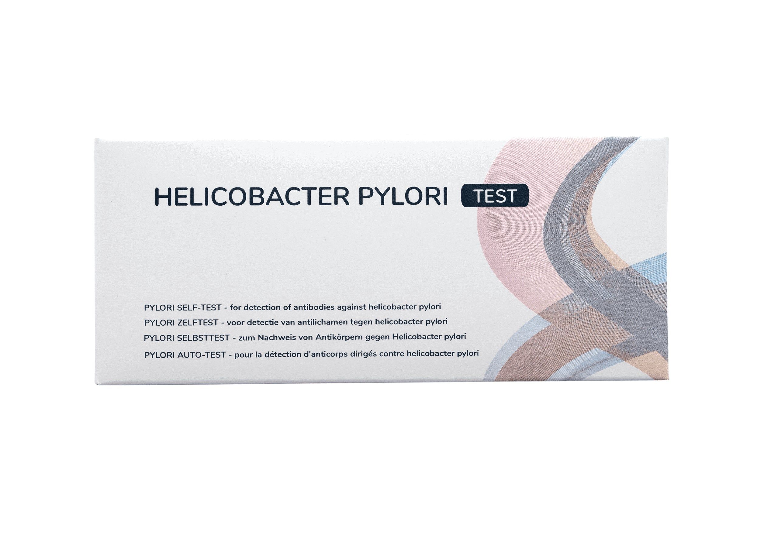 Emballage du test rapide Helicobacter Pylori avec nom du produit et descriptions d'utilisation multilingues.