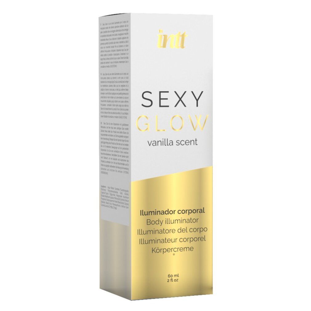 Body illuminator in verpakking. Witte doos met opschrift "SEXY GLOW vanilla scent". Gouden accenten.