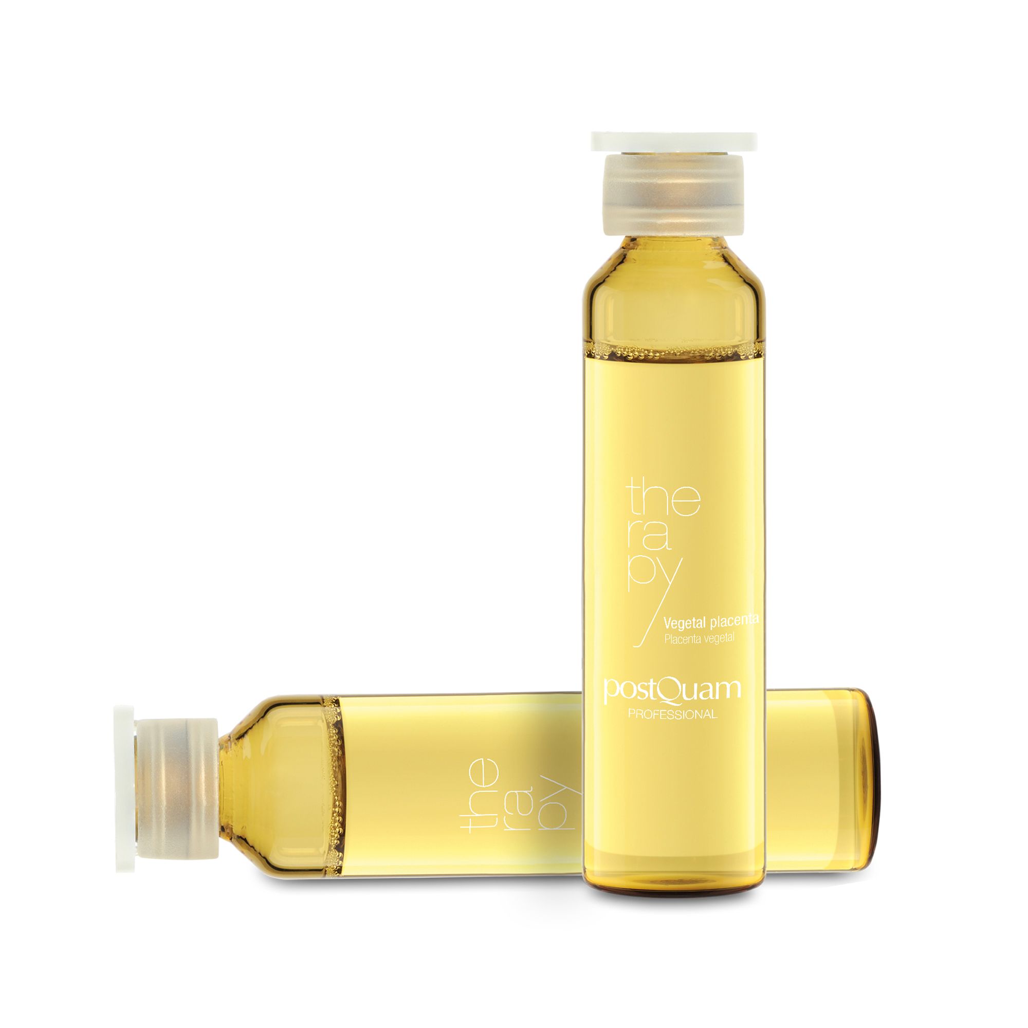 Twee ampullen met geelachtige vloeistof. Opschrift 'therapy' en 'postQuam'. Witte dop. 'Regular placenta vegetal'.