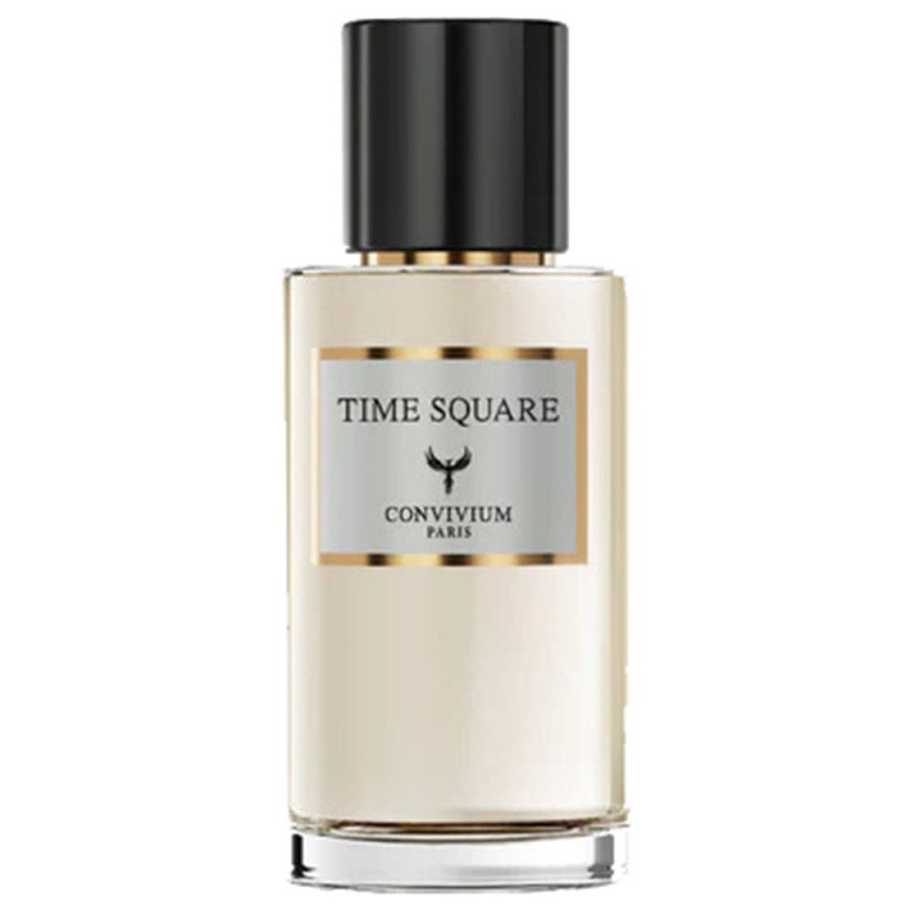 Parfumfles met zwarte dop. Label met "TIME SQUARE" en "CONVIVIUM PARIS".